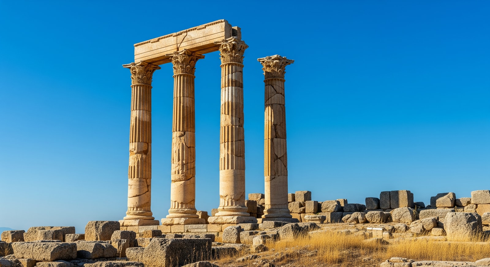 Ancient Greek Temple of Zeus at Cyrene archaeological site with Corinthian columns against blue sky