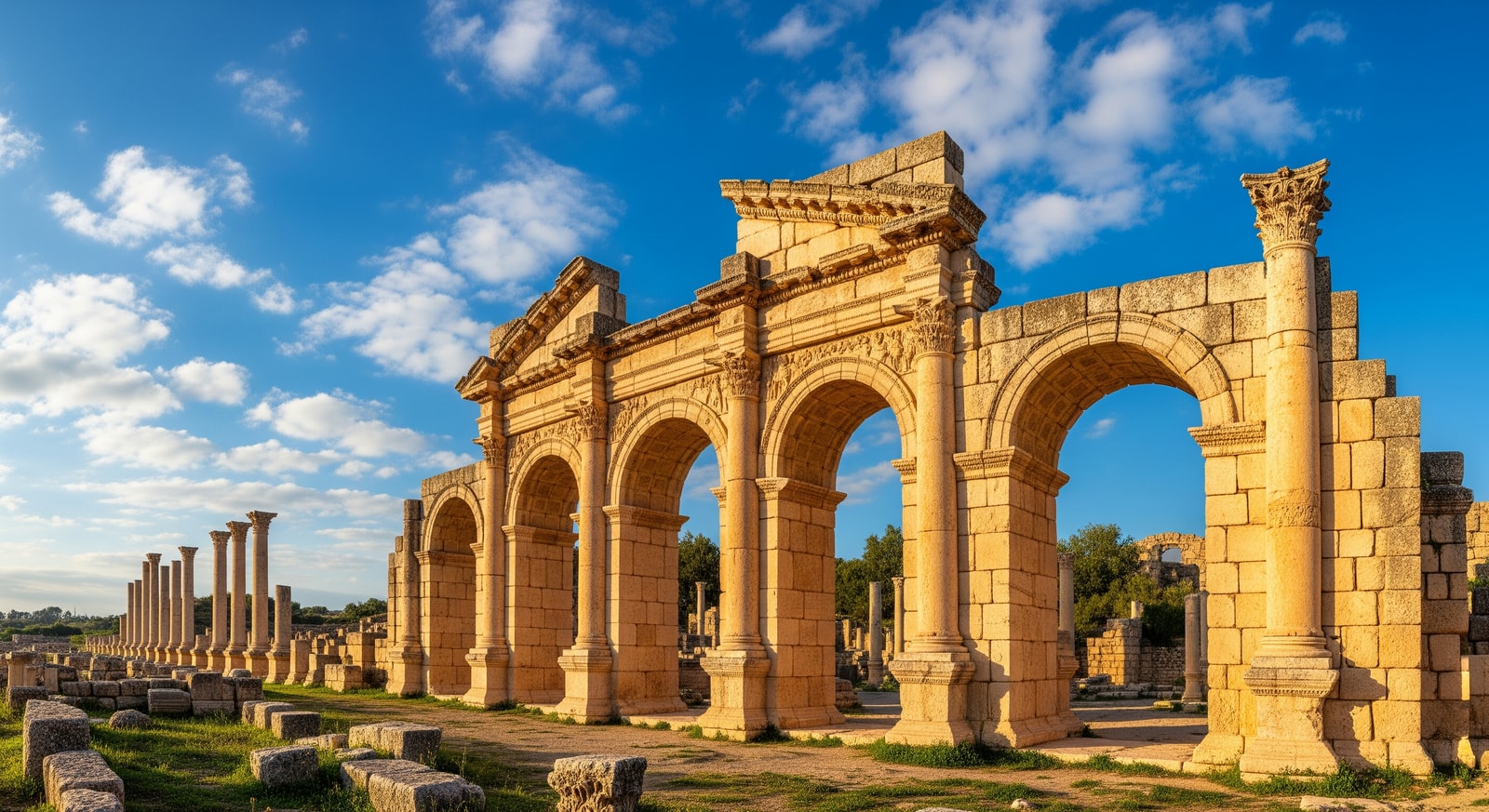 Magnificent Roman columns and arches of Leptis Magna archaeological site under blue Mediterranean sky