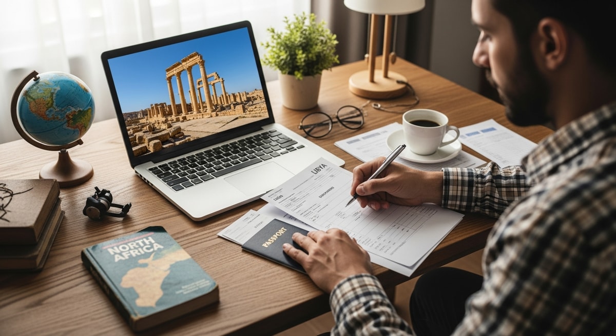 Traveler preparing Libya visa application documents with laptop showing ancient ruins