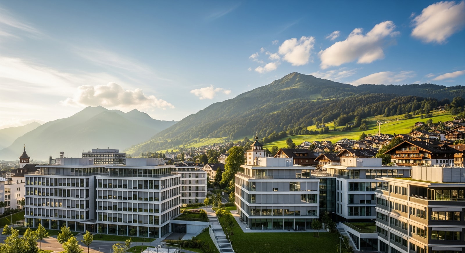 Modern financial district buildings in Vaduz with traditional Alpine architecture visible in background