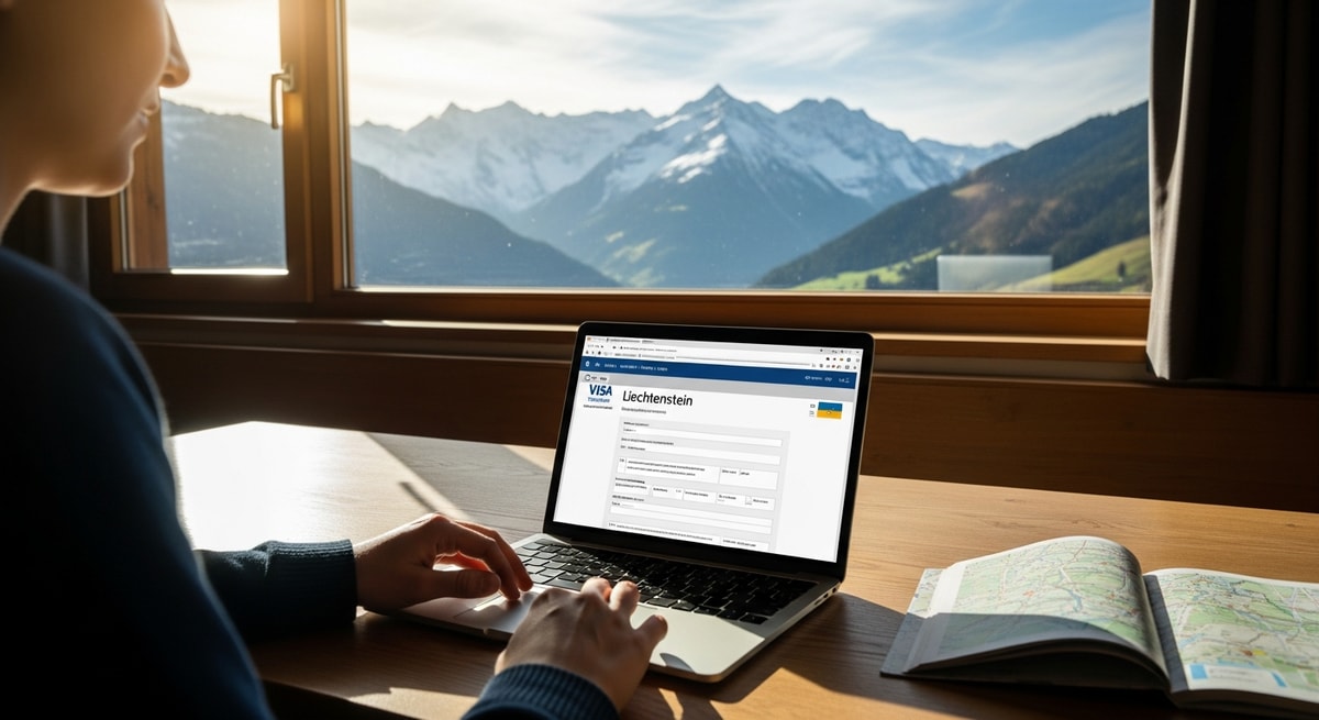 Traveler completing Liechtenstein visa application on laptop with Alpine scenery visible through window