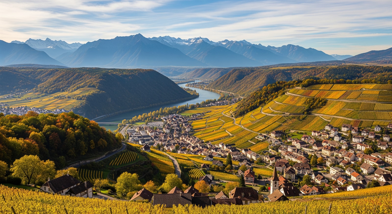 Scenic Rhine Valley view from Liechtenstein with traditional villages and vineyards stretching toward Switzerland