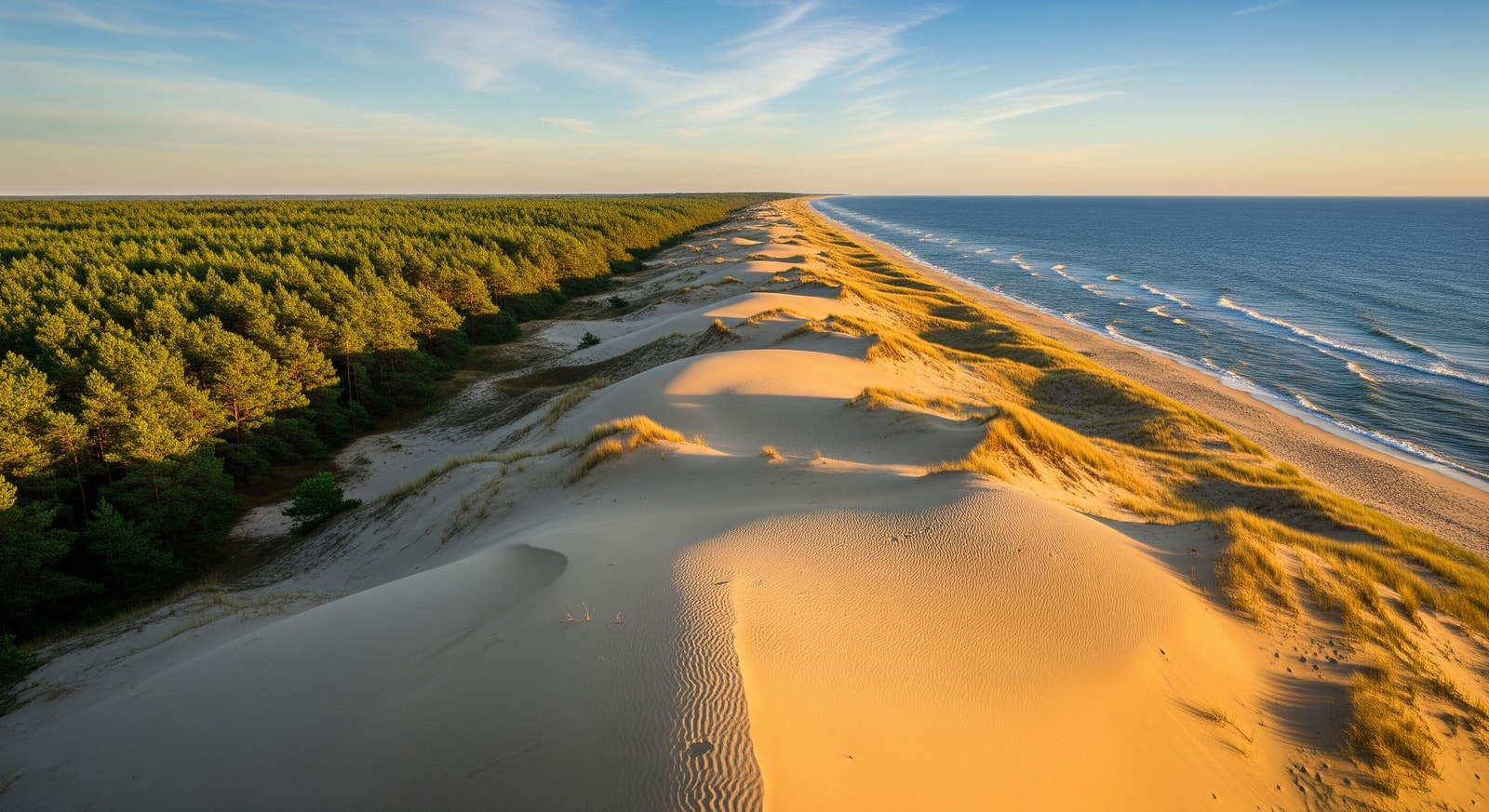 Golden sand dunes of the Curonian Spit UNESCO site with pine forests and Baltic Sea views