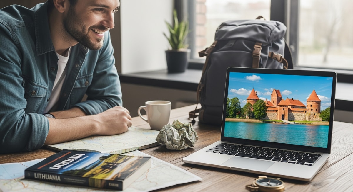 Traveler planning Lithuania trip with laptop showing Trakai Castle on a wooden desk