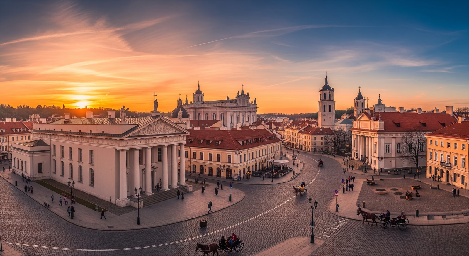 UNESCO World Heritage Vilnius Old Town with baroque architecture and cobblestone streets at sunset