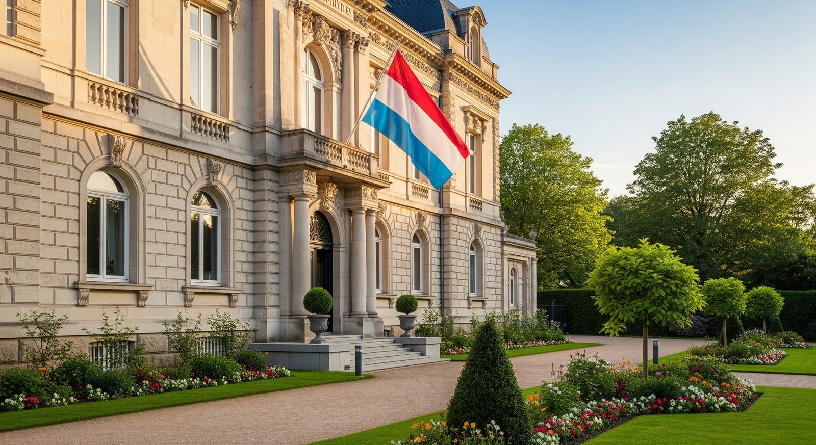 Elegant Luxembourg embassy building facade with national flag displaying the red, white, and light blue stripes