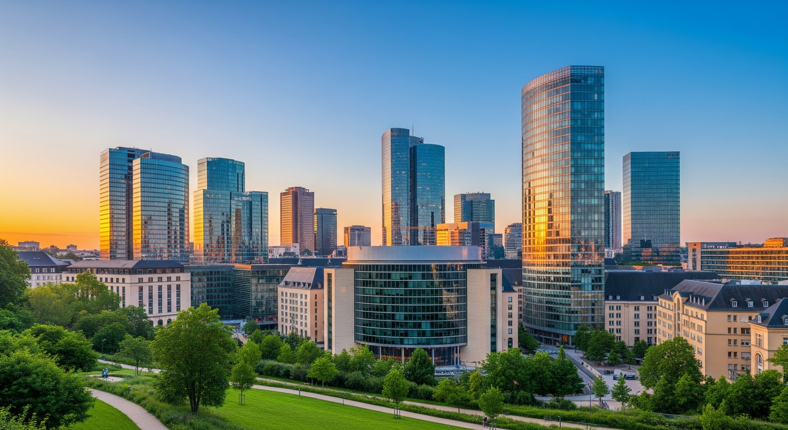Modern Kirchberg district skyline featuring European Union institutions and financial center buildings