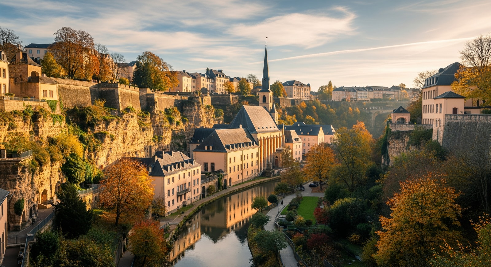 Historic Old Town of Luxembourg City with UNESCO World Heritage fortifications and cathedral spire