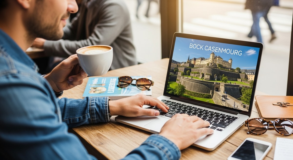 Traveler planning Luxembourg trip with laptop showing the Bock Casemates fortifications