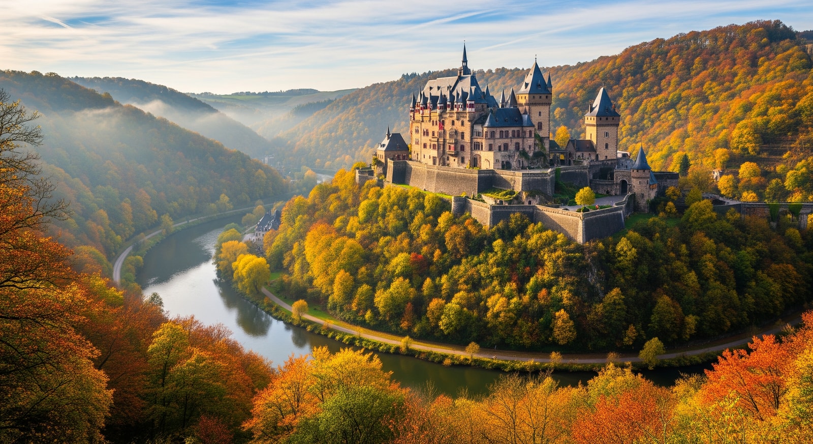 Majestic Vianden Castle perched on a hilltop overlooking the Our River valley with autumn foliage