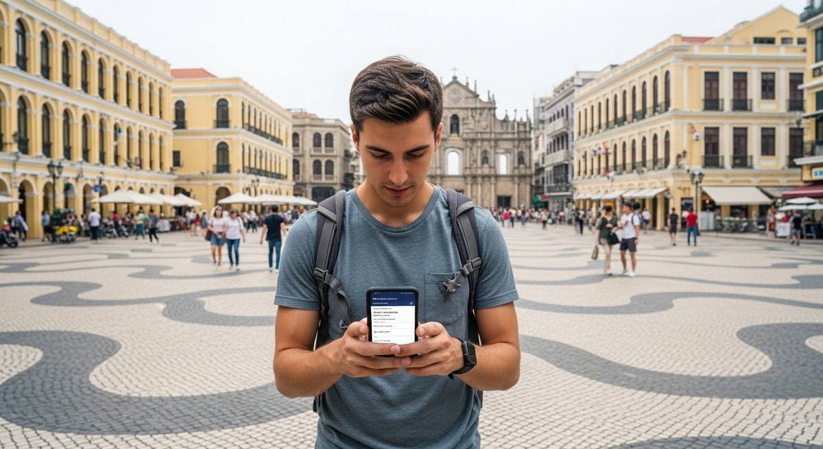 Traveler exploring the historic Senado Square in Macao while checking visa status on smartphone
