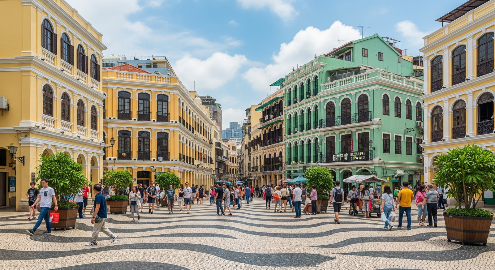 Colorful Portuguese colonial buildings lining Senado Square with traditional wave-pattern pavement in central Macao