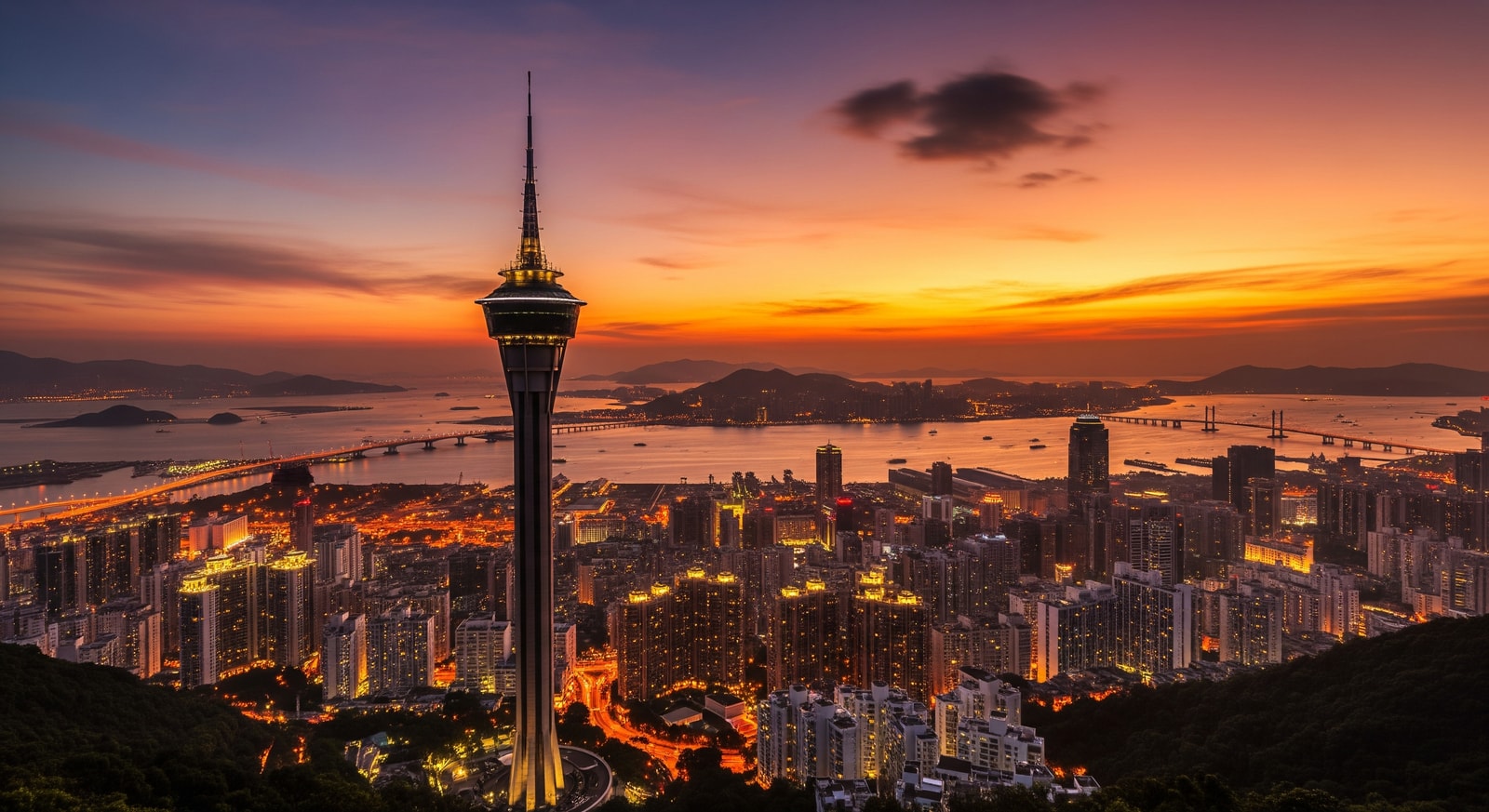 Macao Tower standing tall against sunset sky with panoramic views of the city and Pearl River Delta