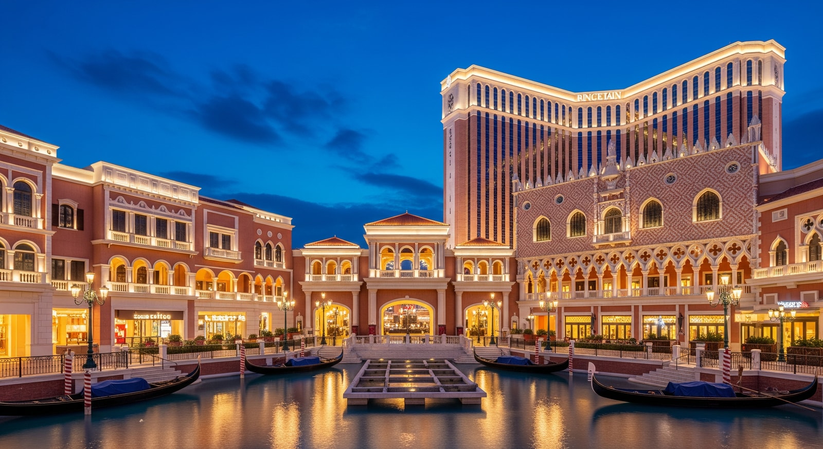 The magnificent Venetian Macao resort with its grand entrance and Venetian-style architecture lit up at night