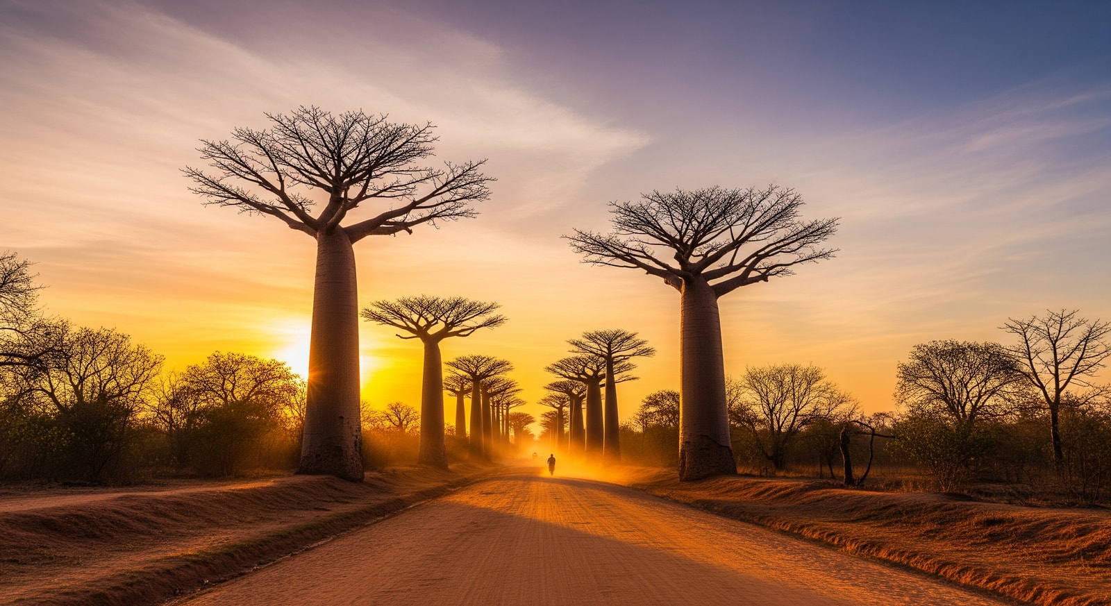 Majestic baobab trees lining the famous Avenue of the Baobabs near Morondava at golden hour