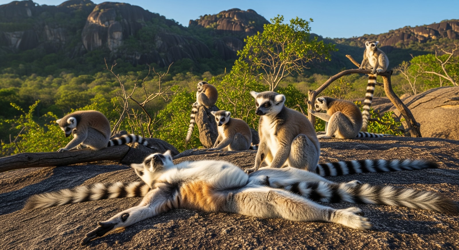 Ring-tailed lemurs sunbathing in the morning light at Anja Community Reserve in southern Madagascar