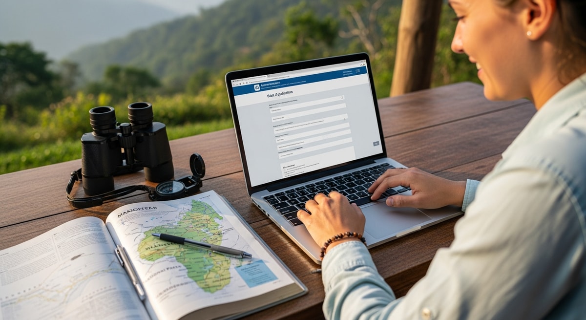 Traveler using laptop to apply for Madagascar visa while planning wildlife expedition
