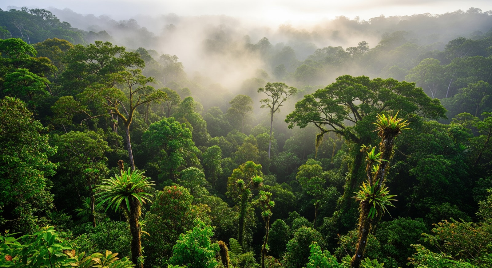 Dense tropical rainforest canopy in Ranomafana National Park with morning mist rising through the trees