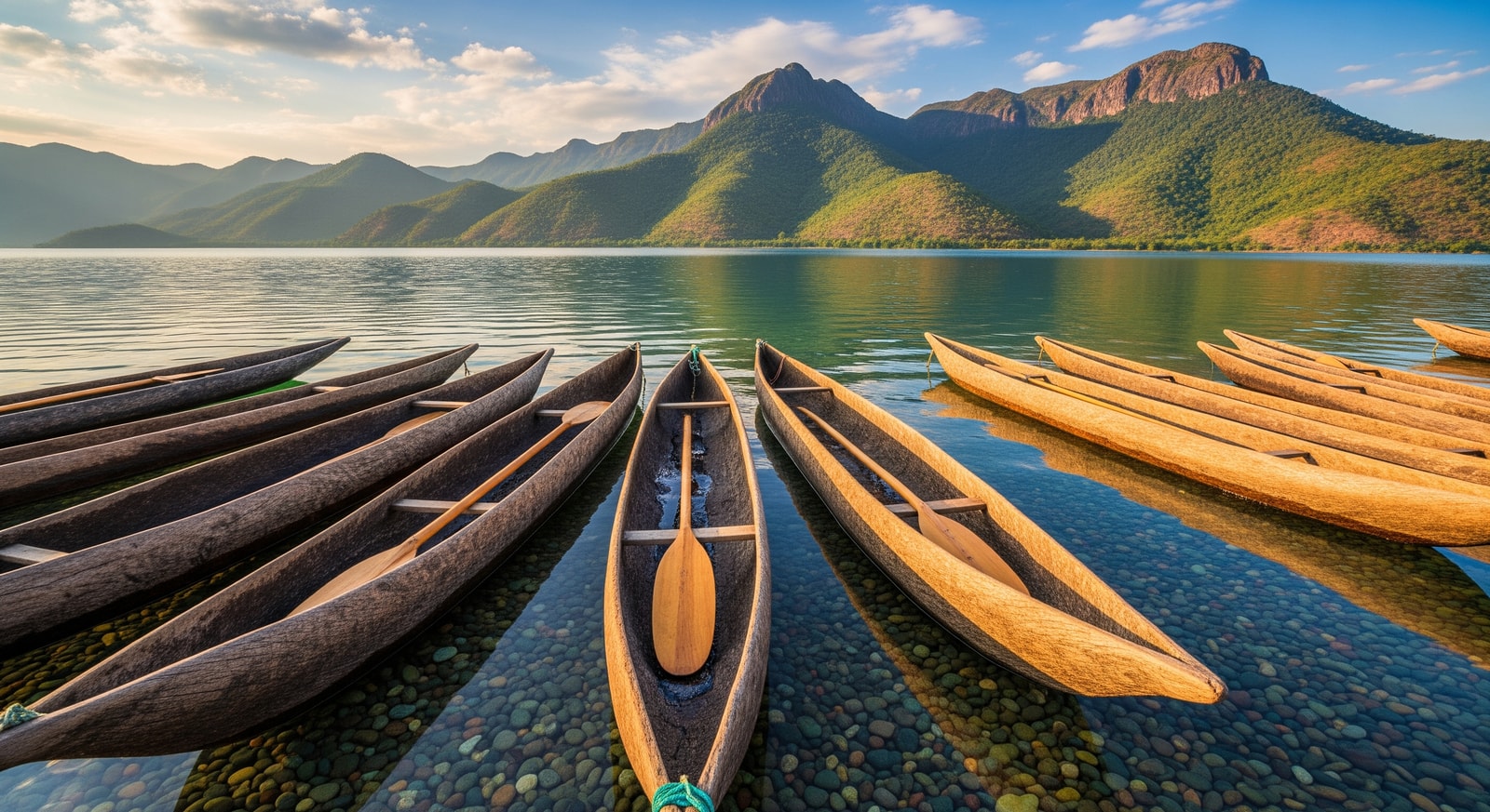 Traditional wooden kayaks on the crystal clear waters of Lake Malawi with Cape Maclear mountains in background