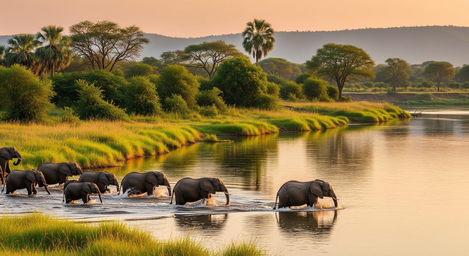Elephants crossing the Shire River in Liwonde National Park with lush vegetation