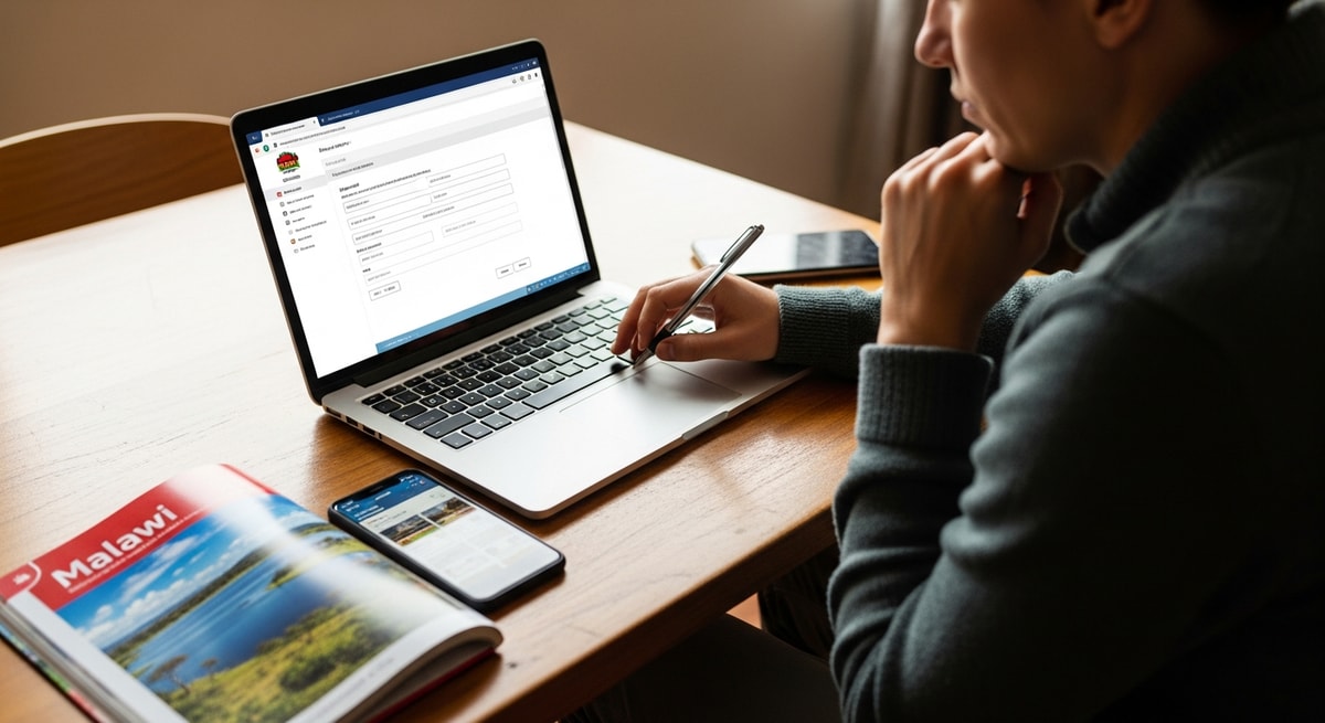 Traveler using laptop to apply for Malawi visa while planning Lake Malawi trip