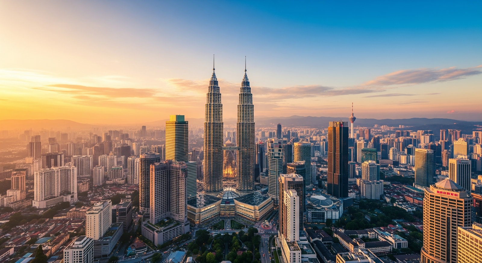 Aerial view of Kuala Lumpur skyline with Petronas Towers and surrounding modern architecture at golden hour