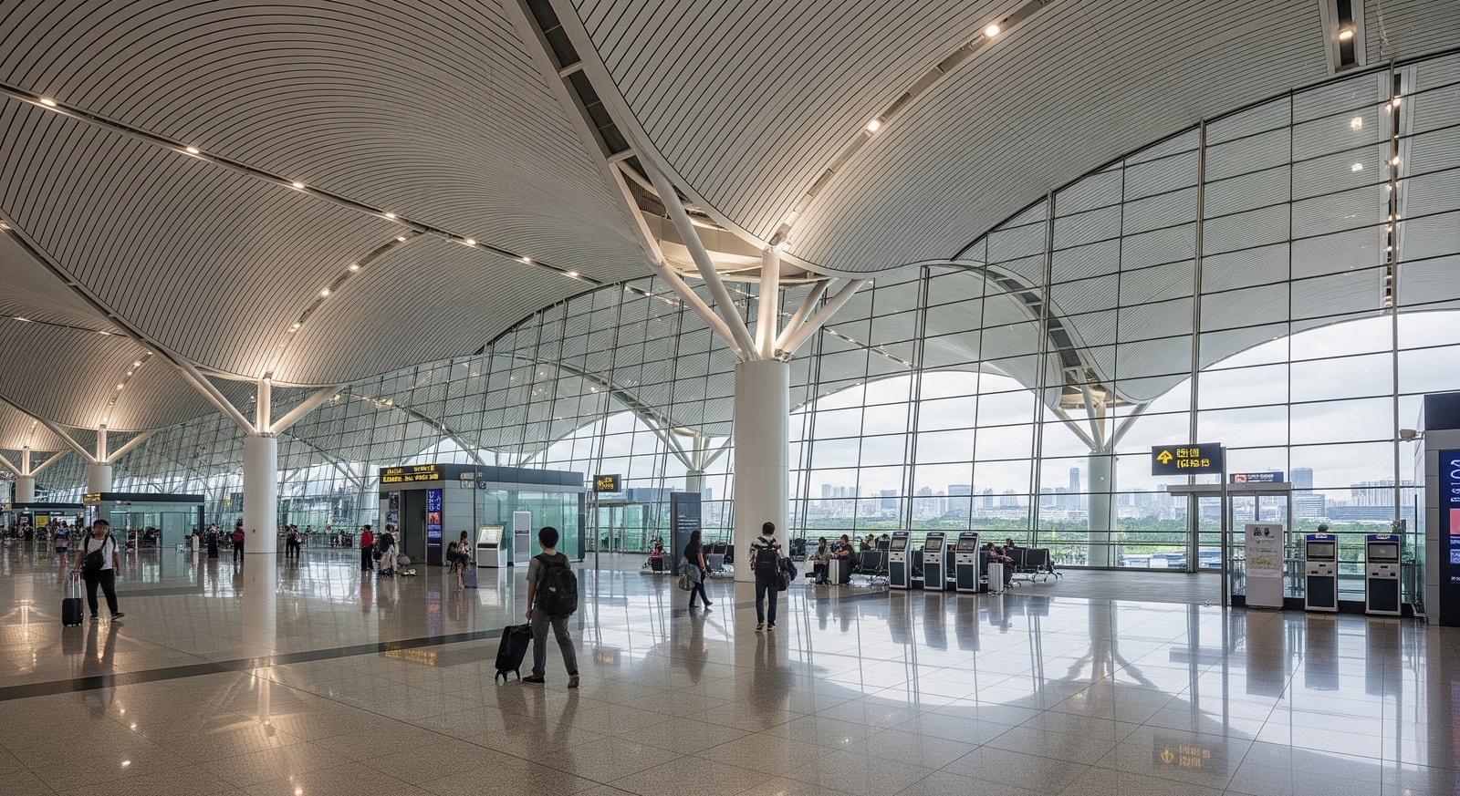 Modern Kuala Lumpur International Airport terminal with distinctive roof architecture and travelers