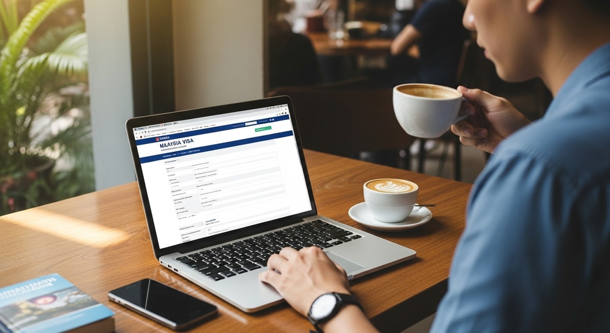 Traveler completing Malaysia visa application on laptop while enjoying coffee at a Kuala Lumpur cafe