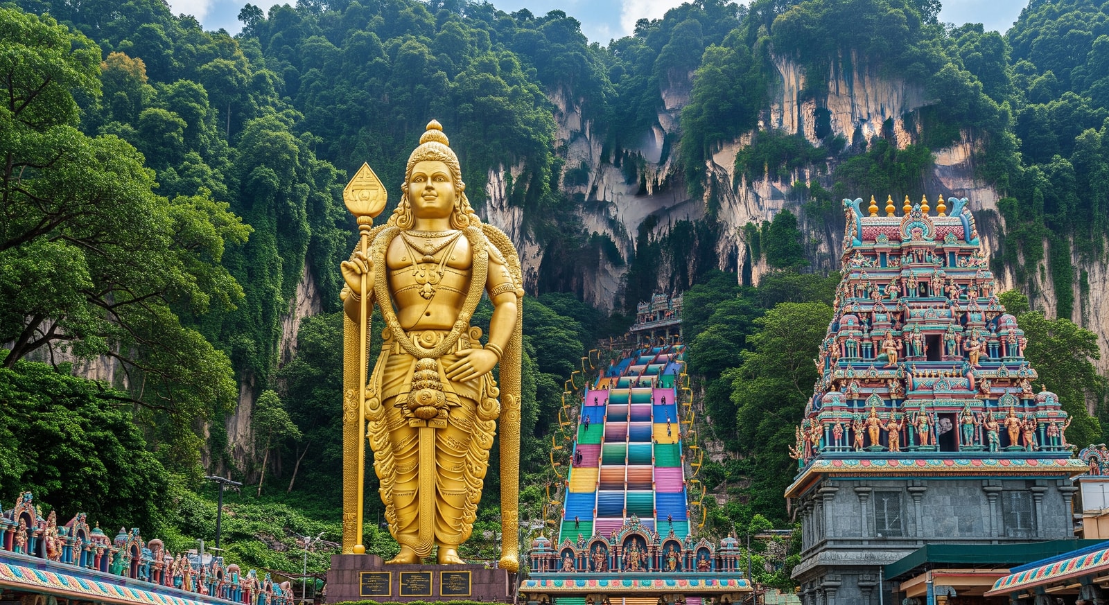 Beautiful Batu Caves entrance with golden Lord Murugan statue and colorful Hindu temple architecture