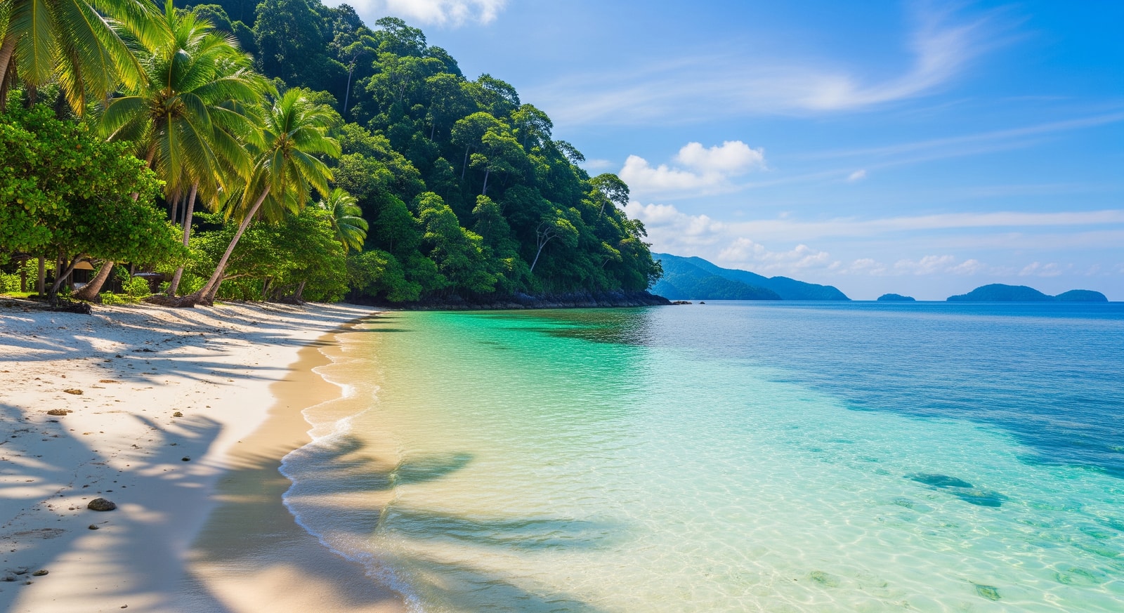 Crystal clear turquoise waters and white sand beach on Perhentian Island with lush tropical jungle backdrop