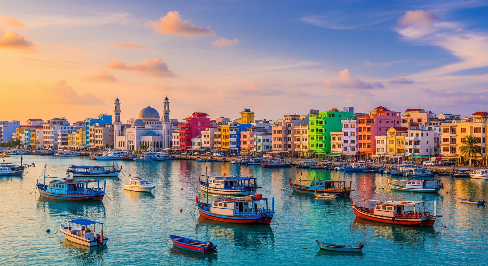 Colorful buildings and mosques of Male city with boats in the harbor at sunset