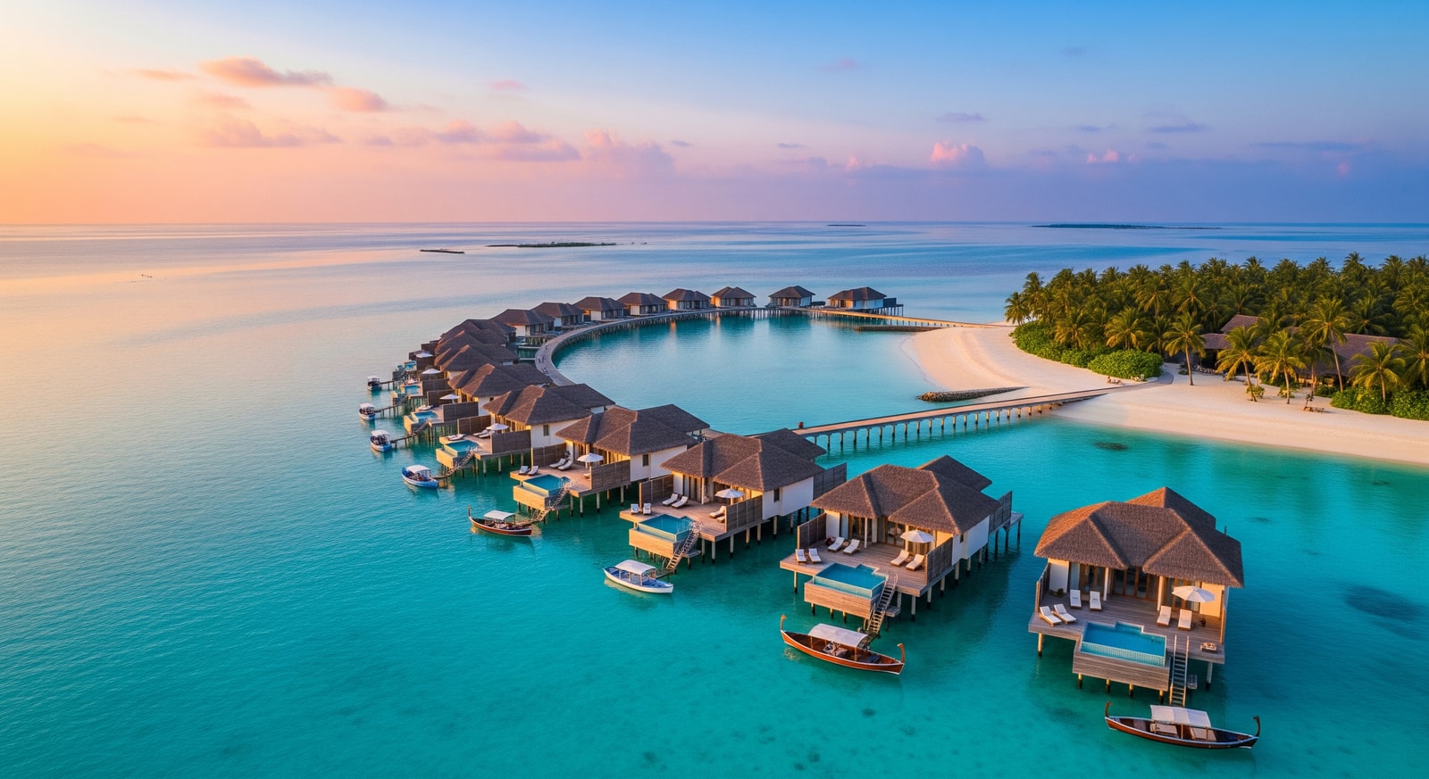 Luxury overwater villas extending into crystal-clear turquoise lagoon at a Maldives resort