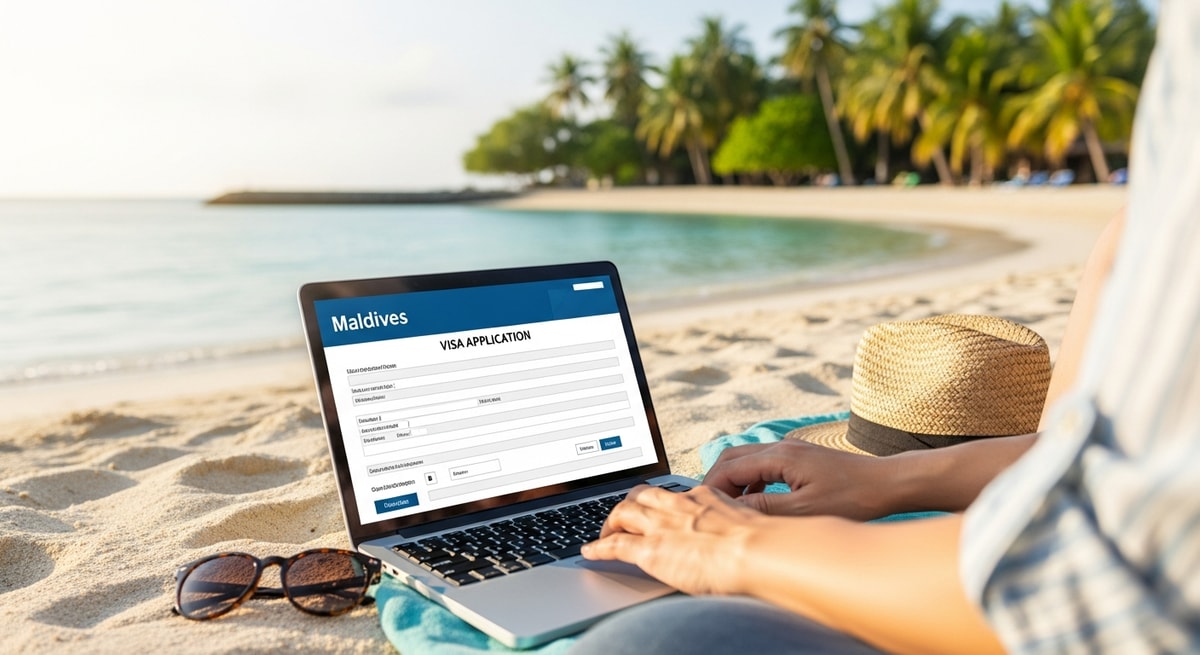Traveler using laptop on beach to apply for Maldives visa while planning tropical vacation