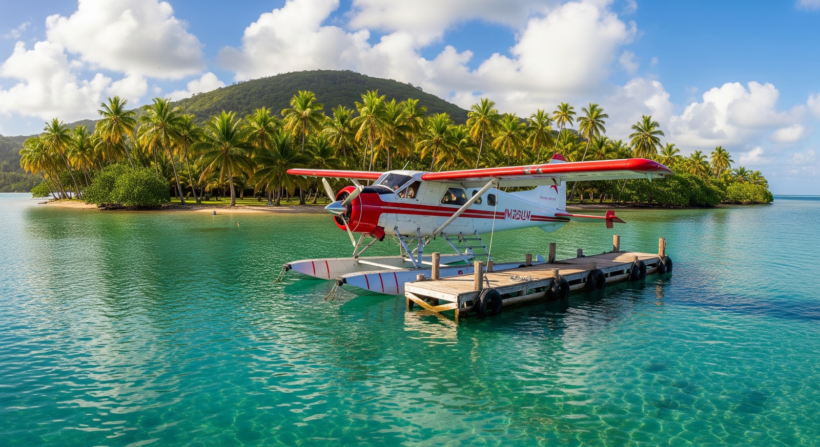 Seaplane docked at wooden jetty with turquoise waters and palm trees in background