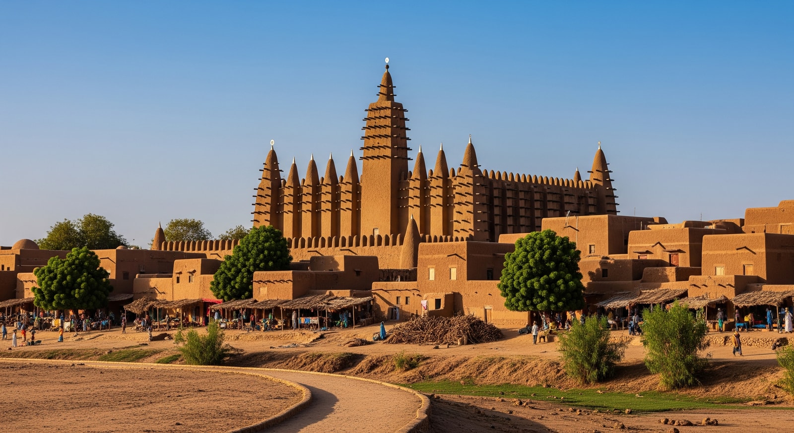 The magnificent Great Mosque of Djenne with its distinctive wooden spires rising against a blue sky