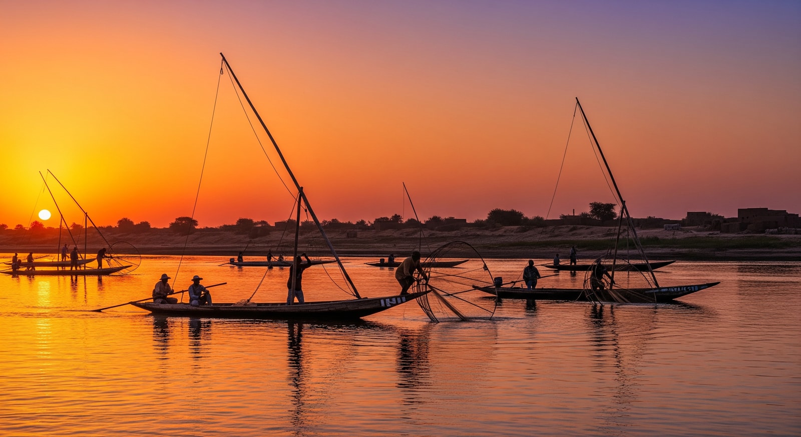 Traditional pinasse boats sailing on the Niger River at sunset near Mopti with fishermen casting nets