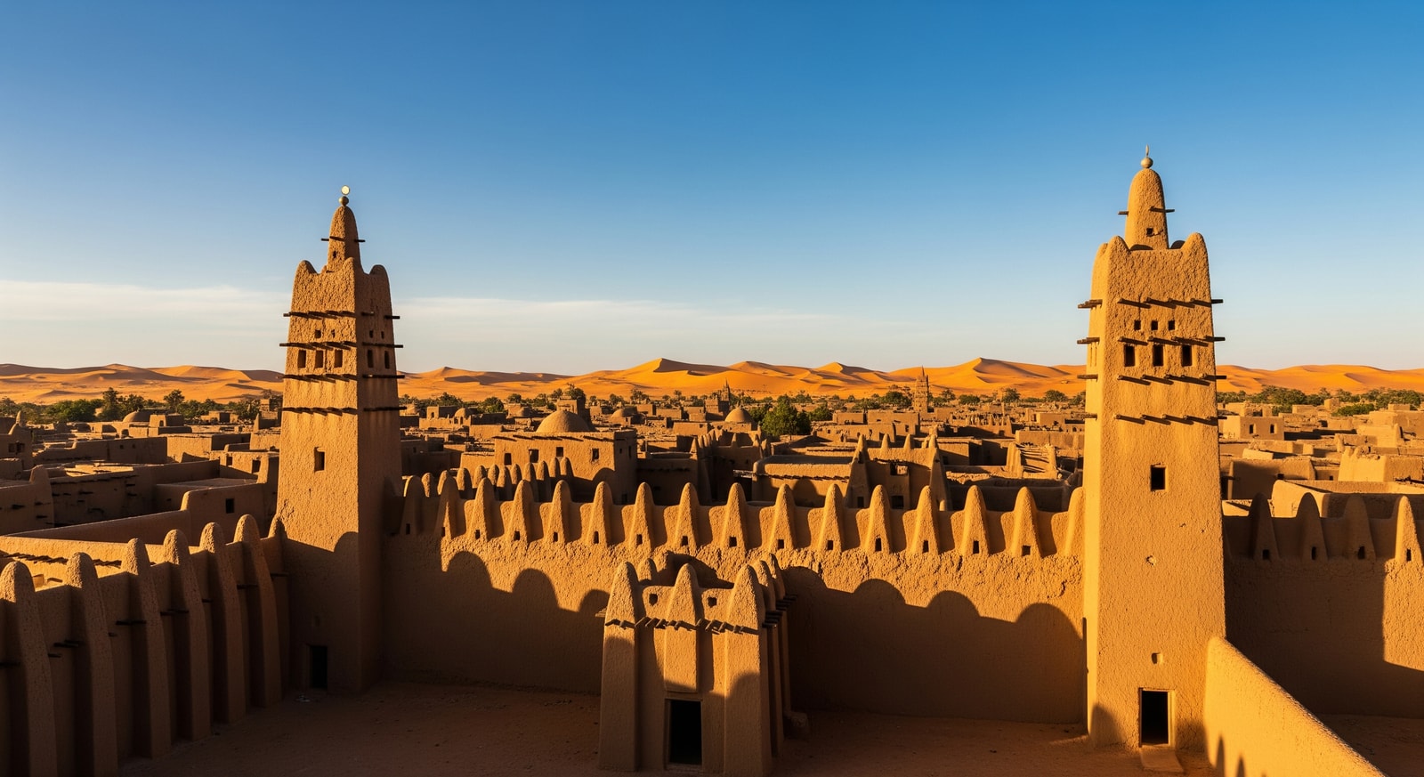 Ancient mud-brick buildings and minarets of Timbuktu with the golden Saharan desert in the background