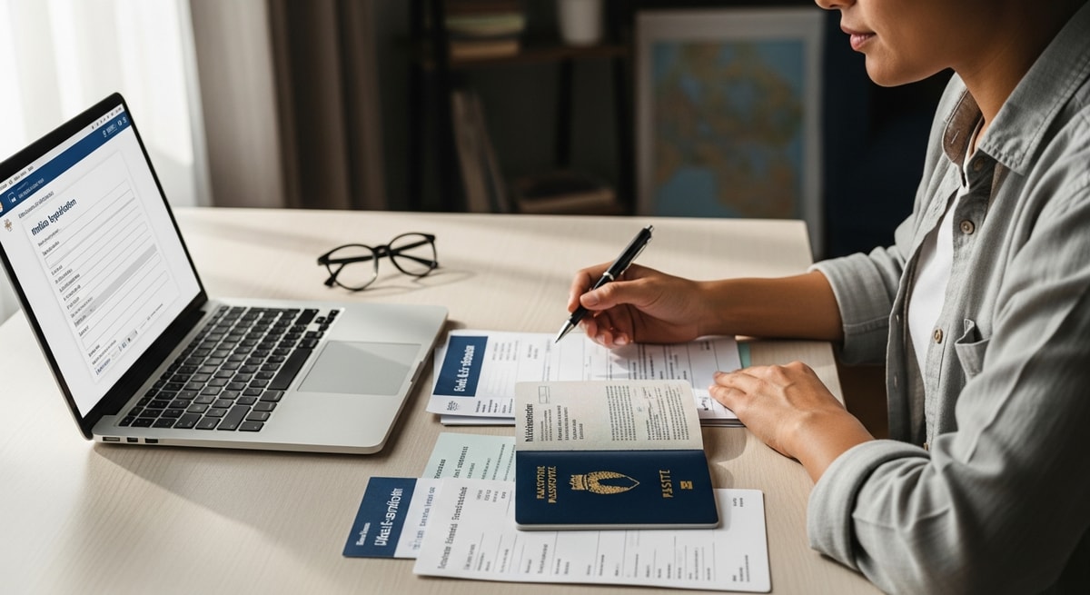 Traveler preparing Malta Schengen visa application documents with laptop and passport