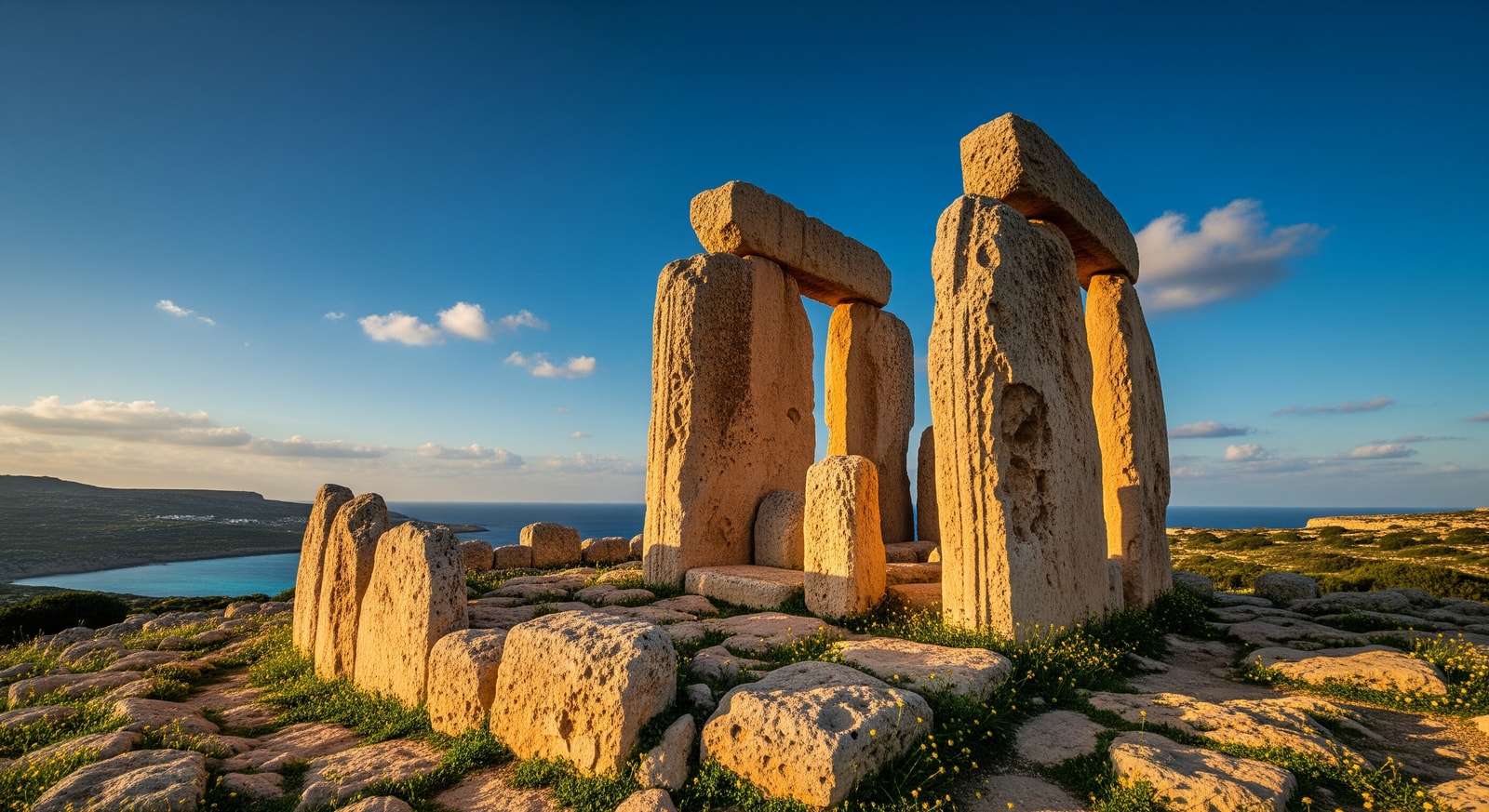 Ancient megalithic temples of Hagar Qim with massive limestone structures against blue sky