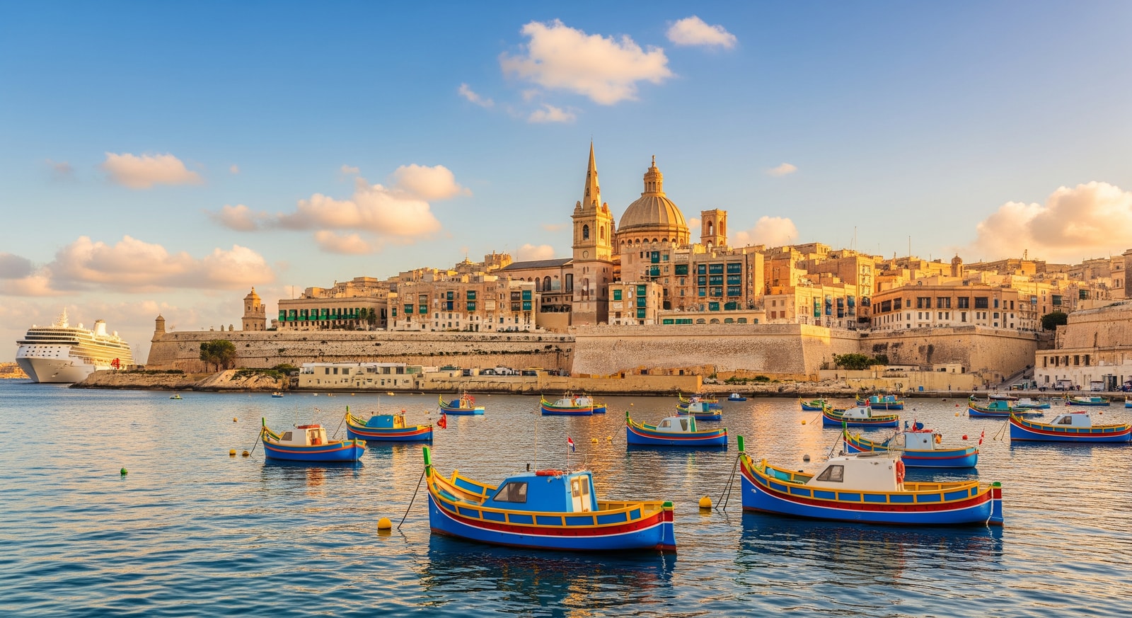 Panoramic view of Valletta's historic limestone buildings and the Grand Harbour with traditional luzzu boats