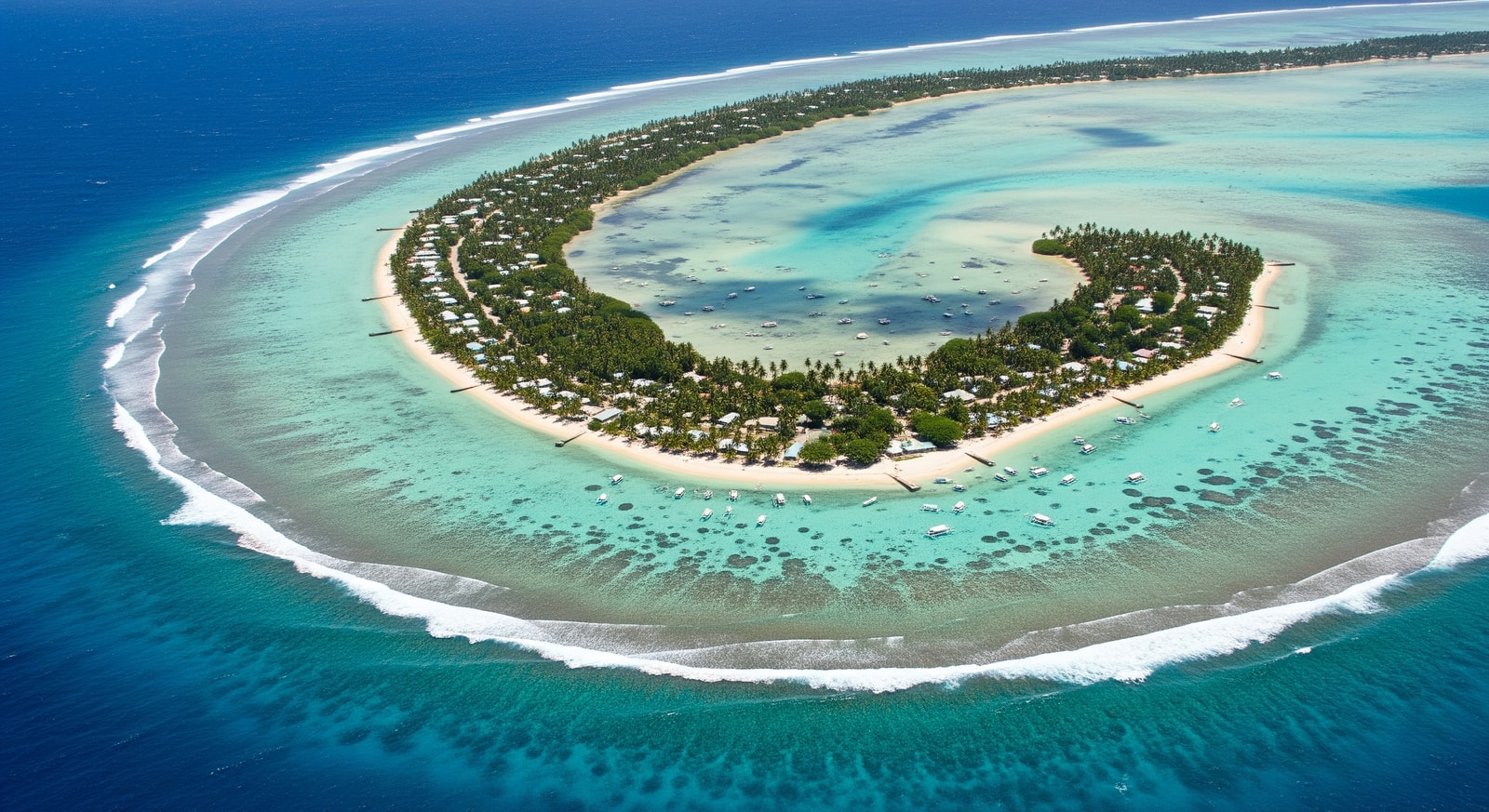 Aerial view of Majuro Atoll showing the narrow strip of land between ocean and lagoon