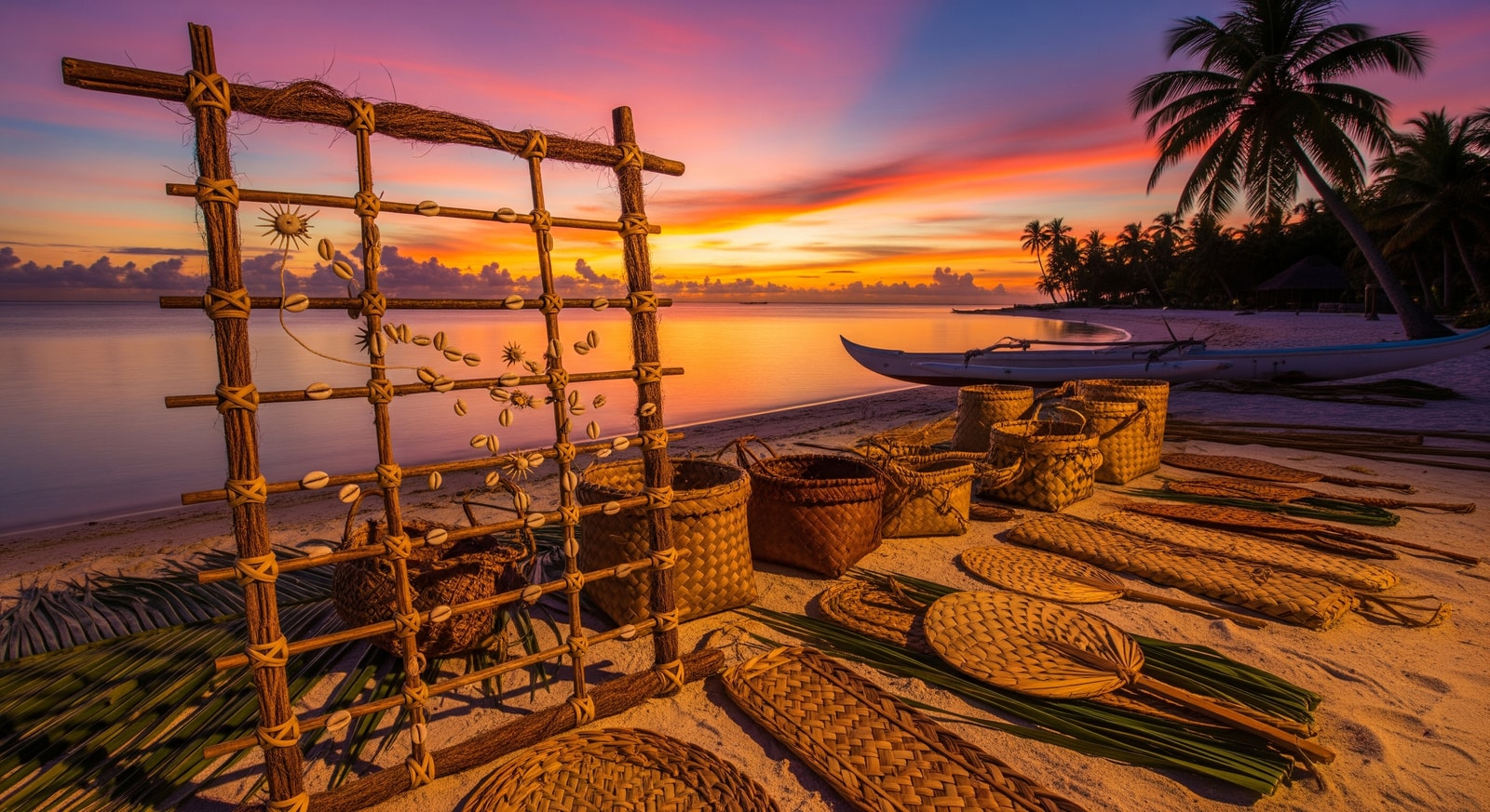 Traditional Marshallese stick chart navigation display with woven palm frond crafts