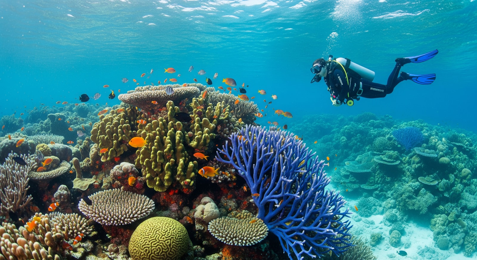 Scuba diver exploring vibrant coral reef with tropical fish in the Marshall Islands clear waters