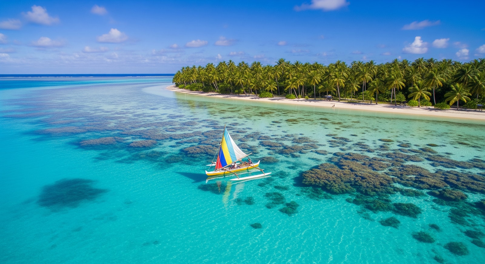 Crystal clear turquoise waters of a Marshall Islands lagoon with traditional outrigger canoe and palm trees