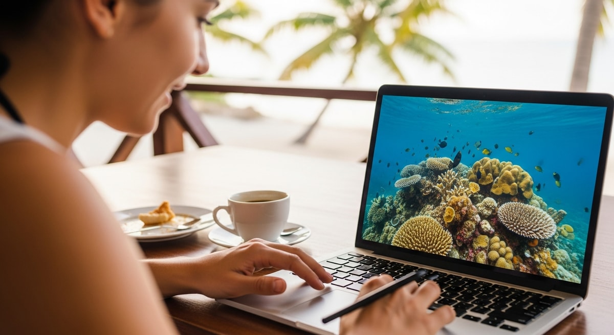 Traveler planning Marshall Islands diving adventure with laptop showing coral reef imagery