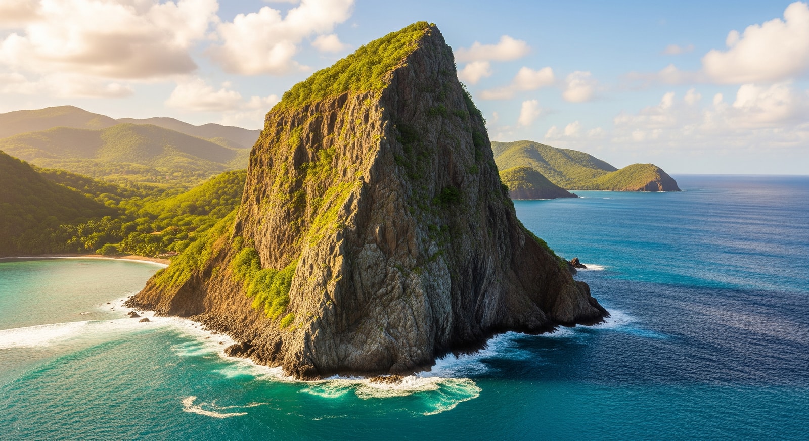 Diamond Rock rising dramatically from the Caribbean Sea off the southern coast of Martinique