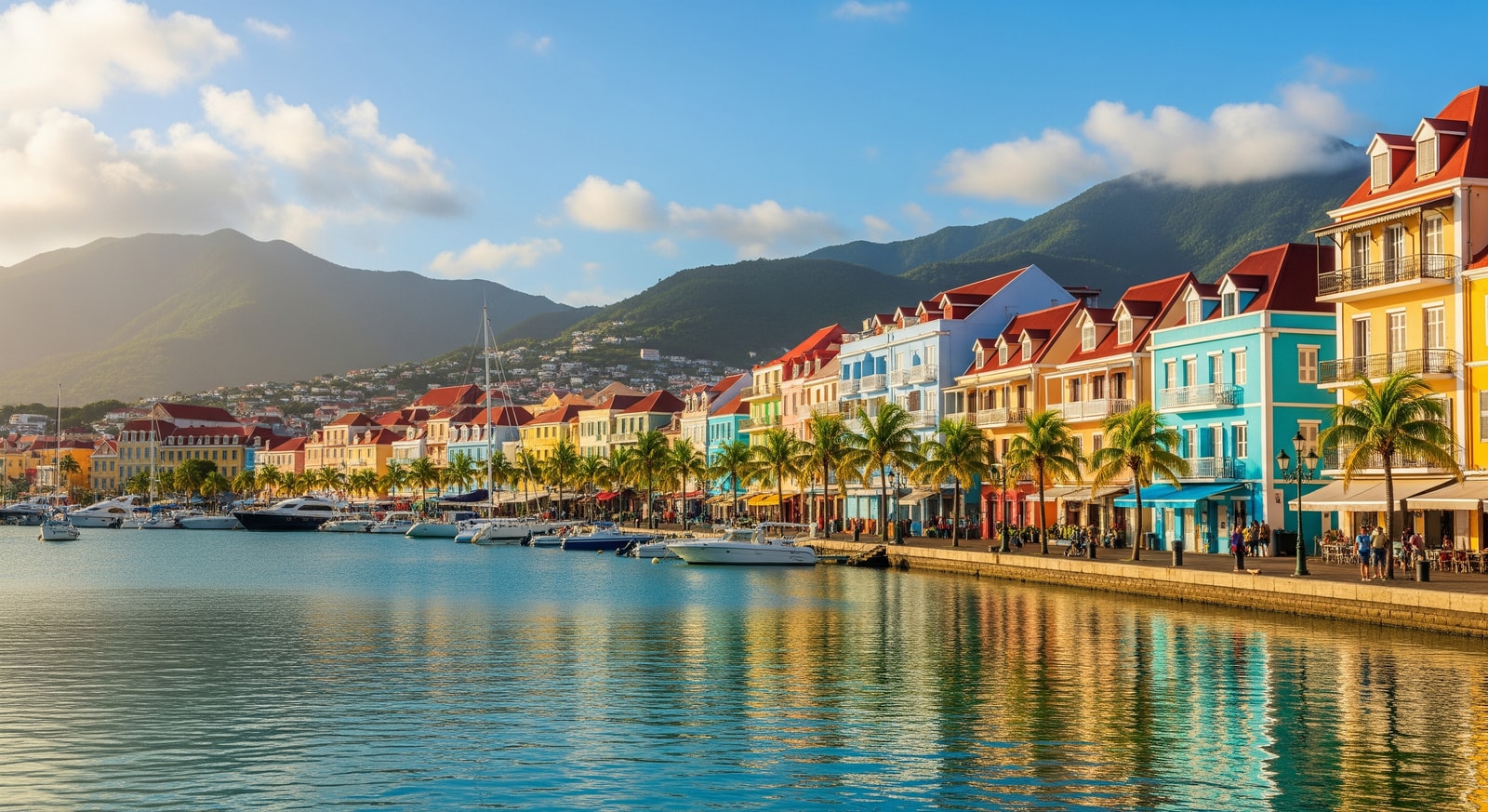 Colorful colonial buildings and waterfront promenade in downtown Fort-de-France harbor