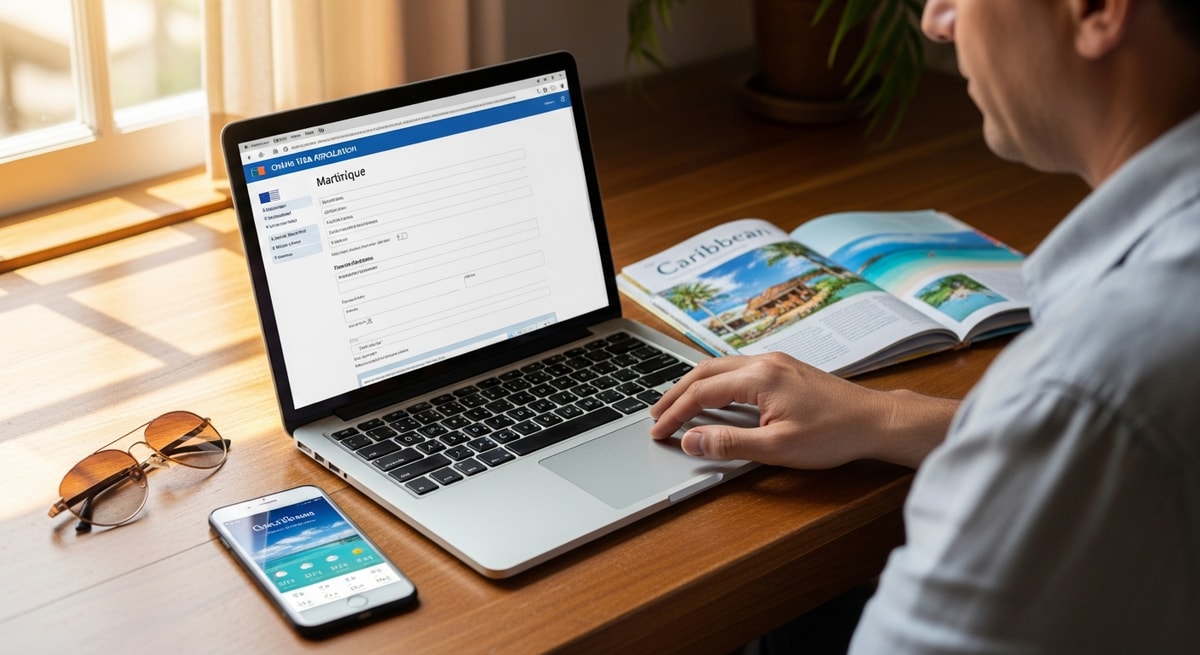 Traveler using laptop to apply for Martinique visa while planning Caribbean getaway