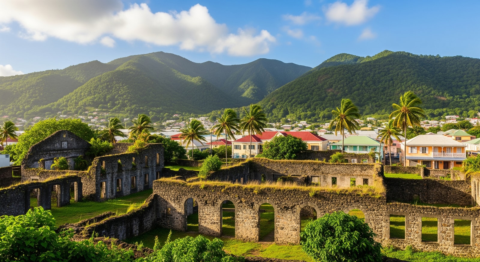 Ruins of Saint-Pierre with colonial architecture remnants and modern town against mountain backdrop
