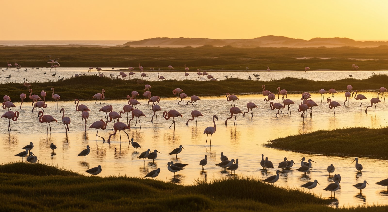 Flamingos and migratory birds at the Banc d'Arguin National Park wetlands on the Atlantic coast